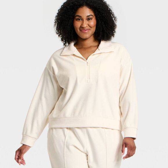 All In Motion - Women's Velour Ribbed 1/2 Zip Sweatshirt - All In  Cream - Picture 3 of 4